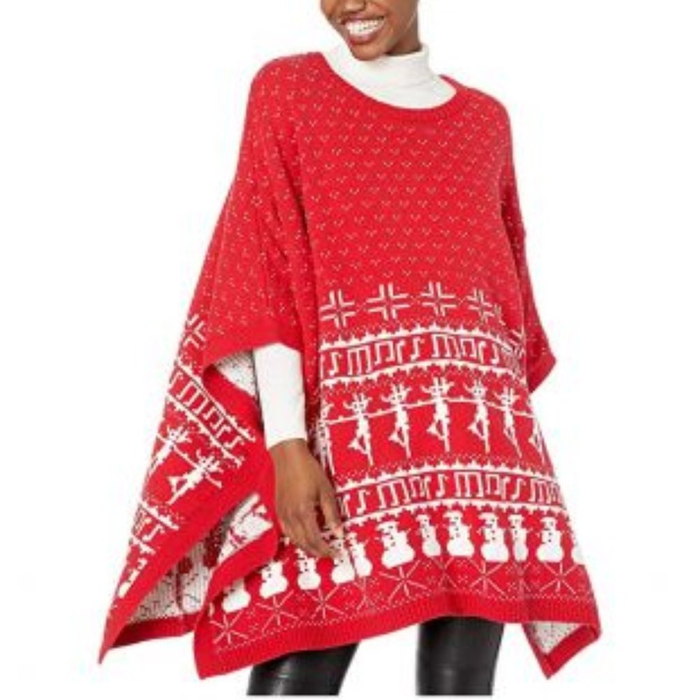 Dubgee Red White Christmas Pull Over Oversized Sweater Poncho